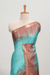 Turquoise green checked semi tussar saree with contrast border and striped blouse