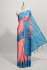 Pink checked semi tussar saree with contrast border and striped blouse