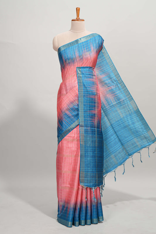 Pink checked semi tussar saree with contrast border and striped blouse