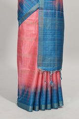 Pink checked semi tussar saree with contrast border and striped blouse