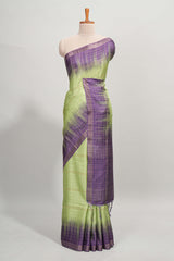 Green checked semi tussar saree with contrast border and striped blouse