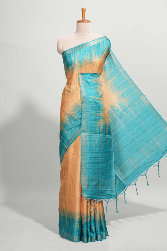 Orange checked semi tussar saree with contrast border and striped blouse