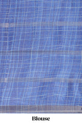 Blue checked birds & floral design semi tussar saree with contrast border and checked blouse