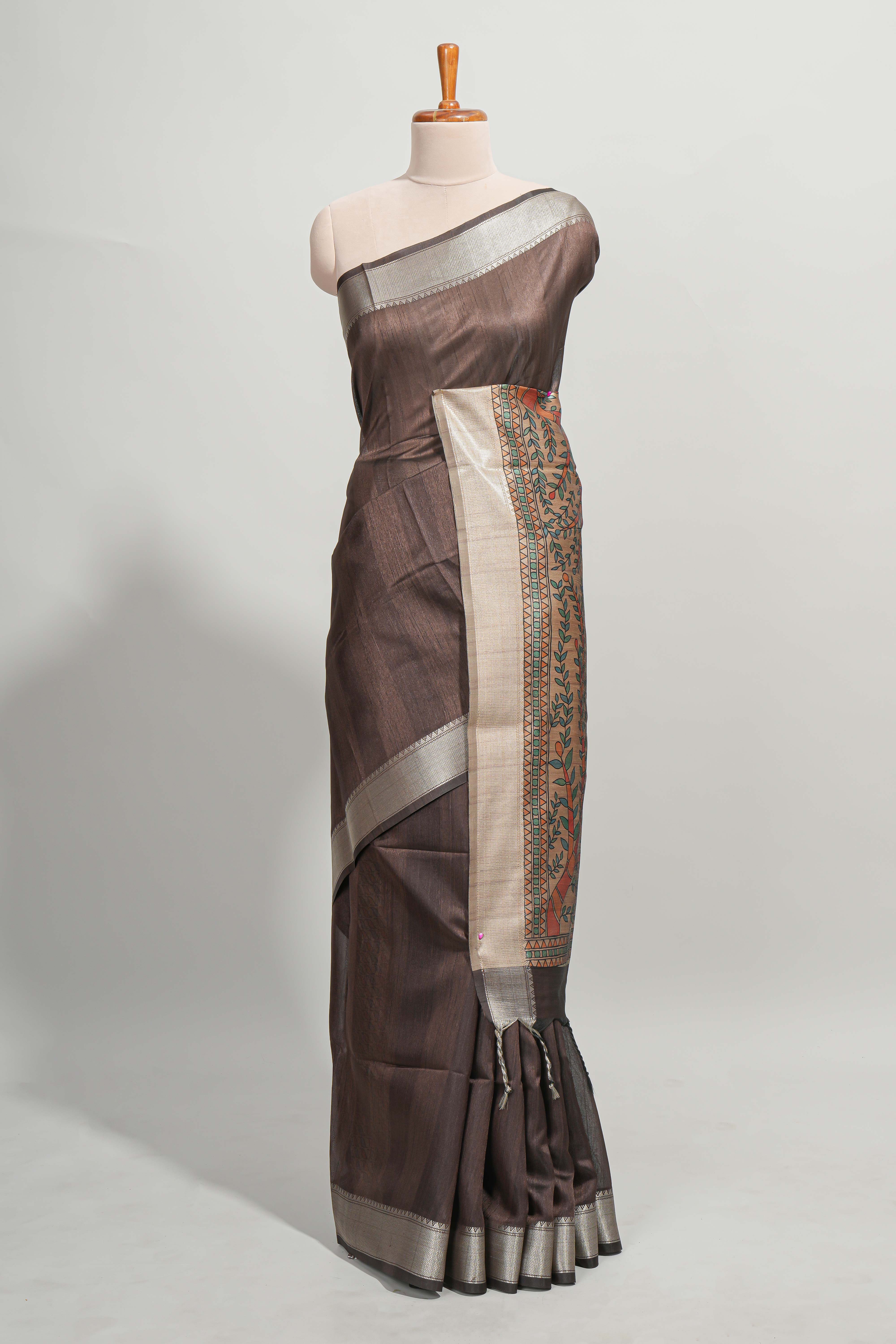 Brown plain semi tussar saree with self border and contrast printed blouse