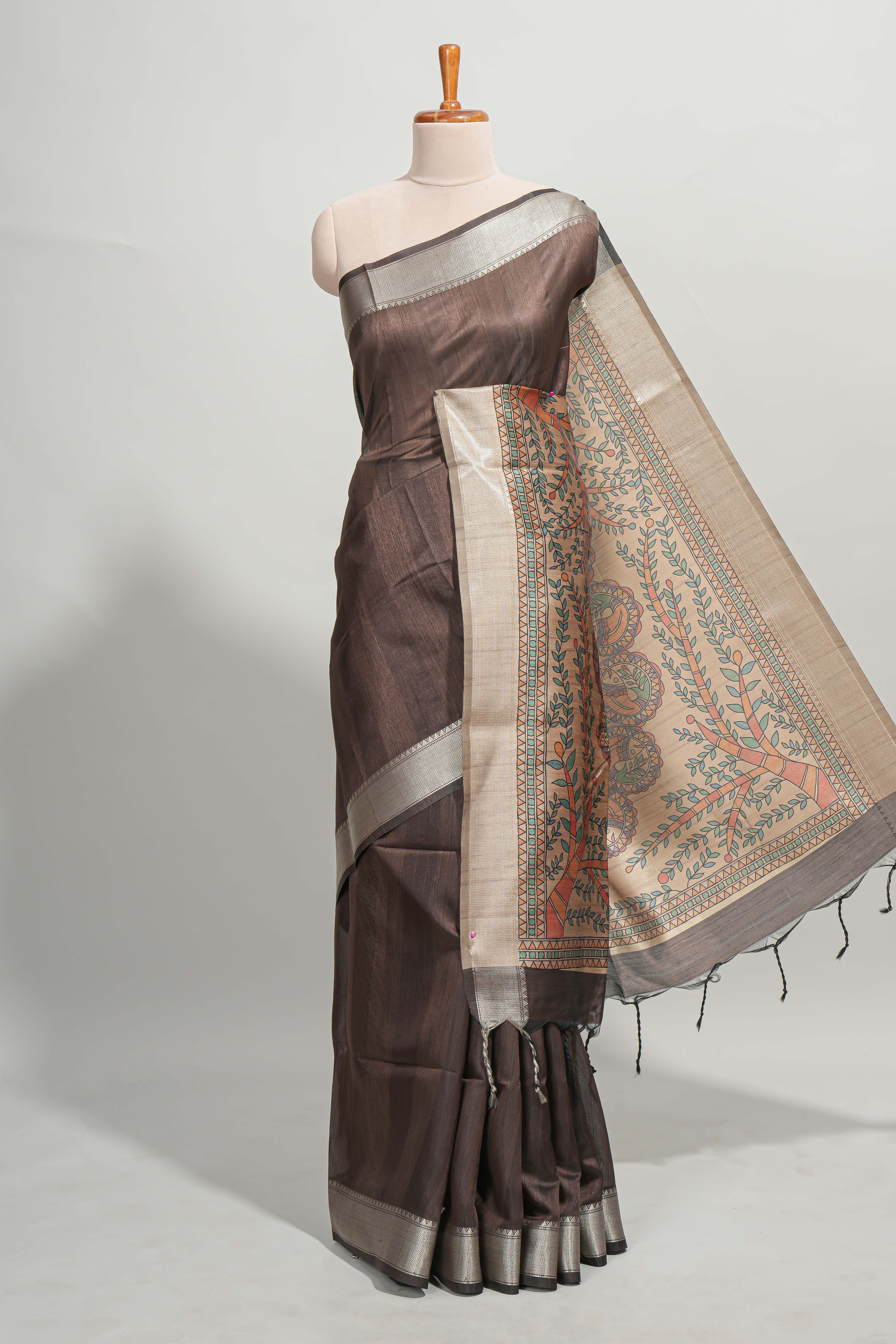 Brown plain semi tussar saree with self border and contrast printed blouse