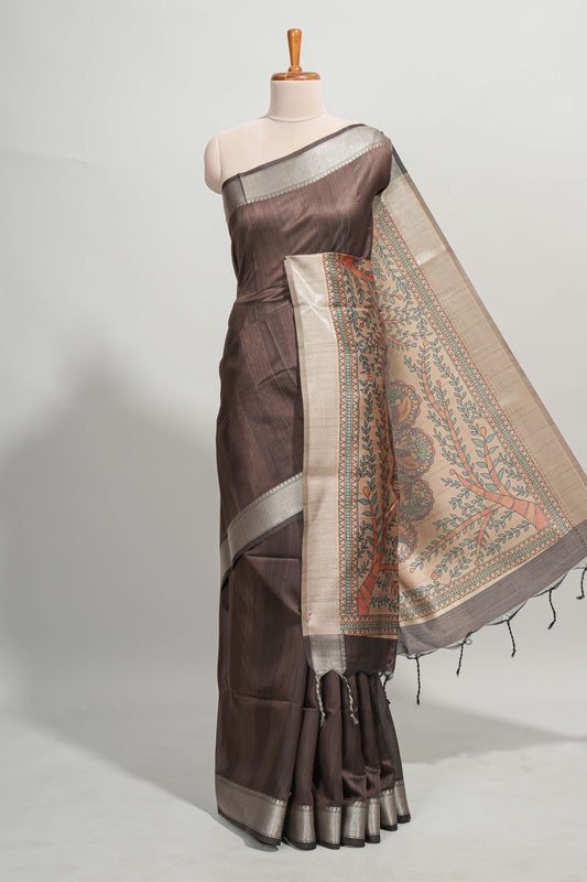 Brown plain semi tussar saree with self border and contrast printed blouse