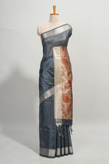 Grey plain semi tussar saree with self border and contrast printed blouse