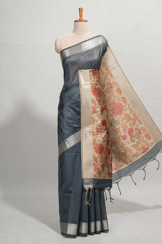 Grey plain semi tussar saree with self border and contrast printed blouse