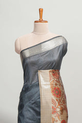 Grey plain semi tussar saree with self border and contrast printed blouse