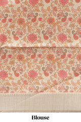 Grey plain semi tussar saree with self border and contrast printed blouse