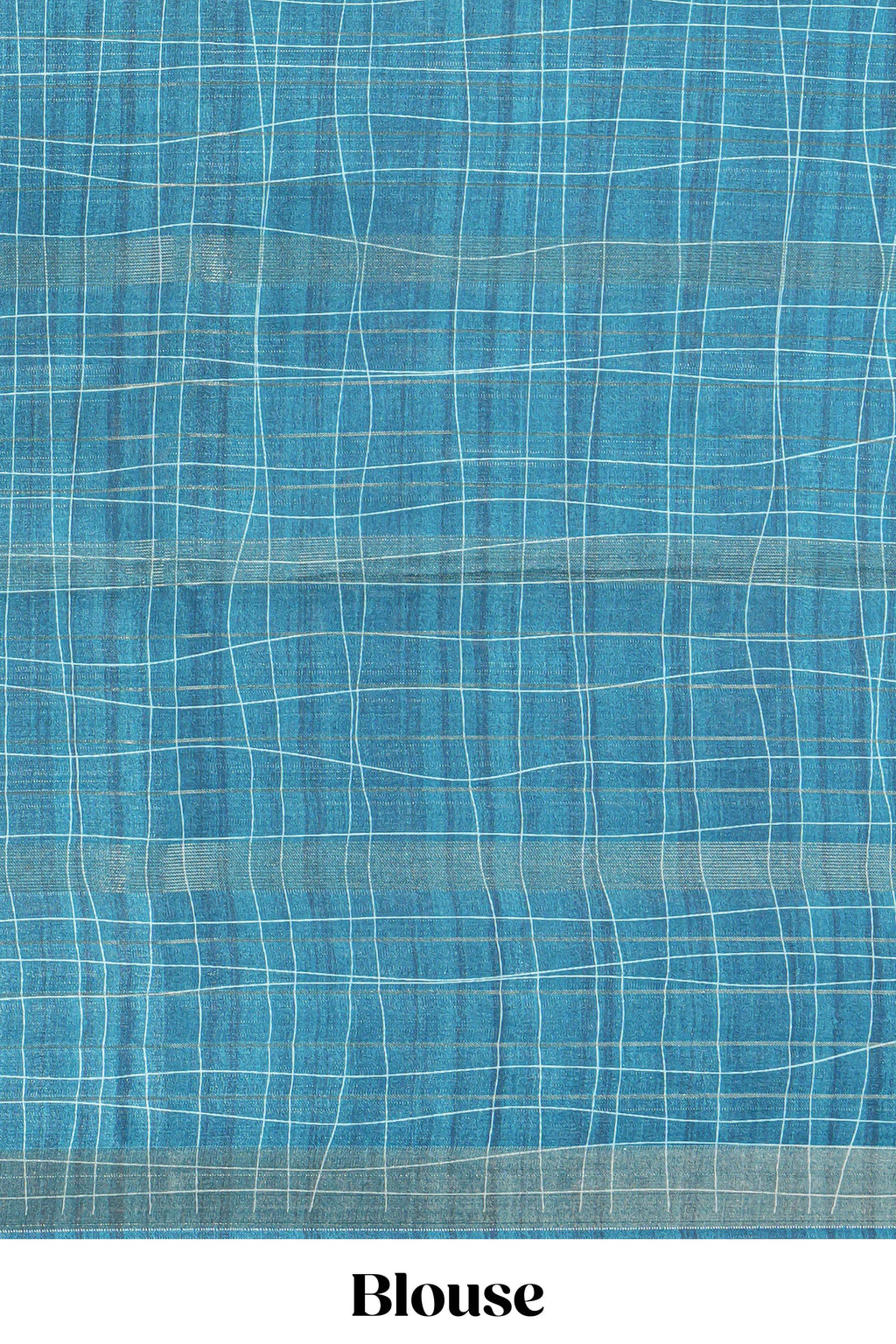 Powder blue checked birds & floral design semi tussar saree with contrast border and checked blouse