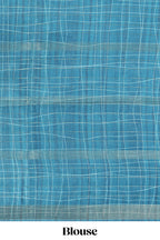 Powder blue checked birds & floral design semi tussar saree with contrast border and checked blouse