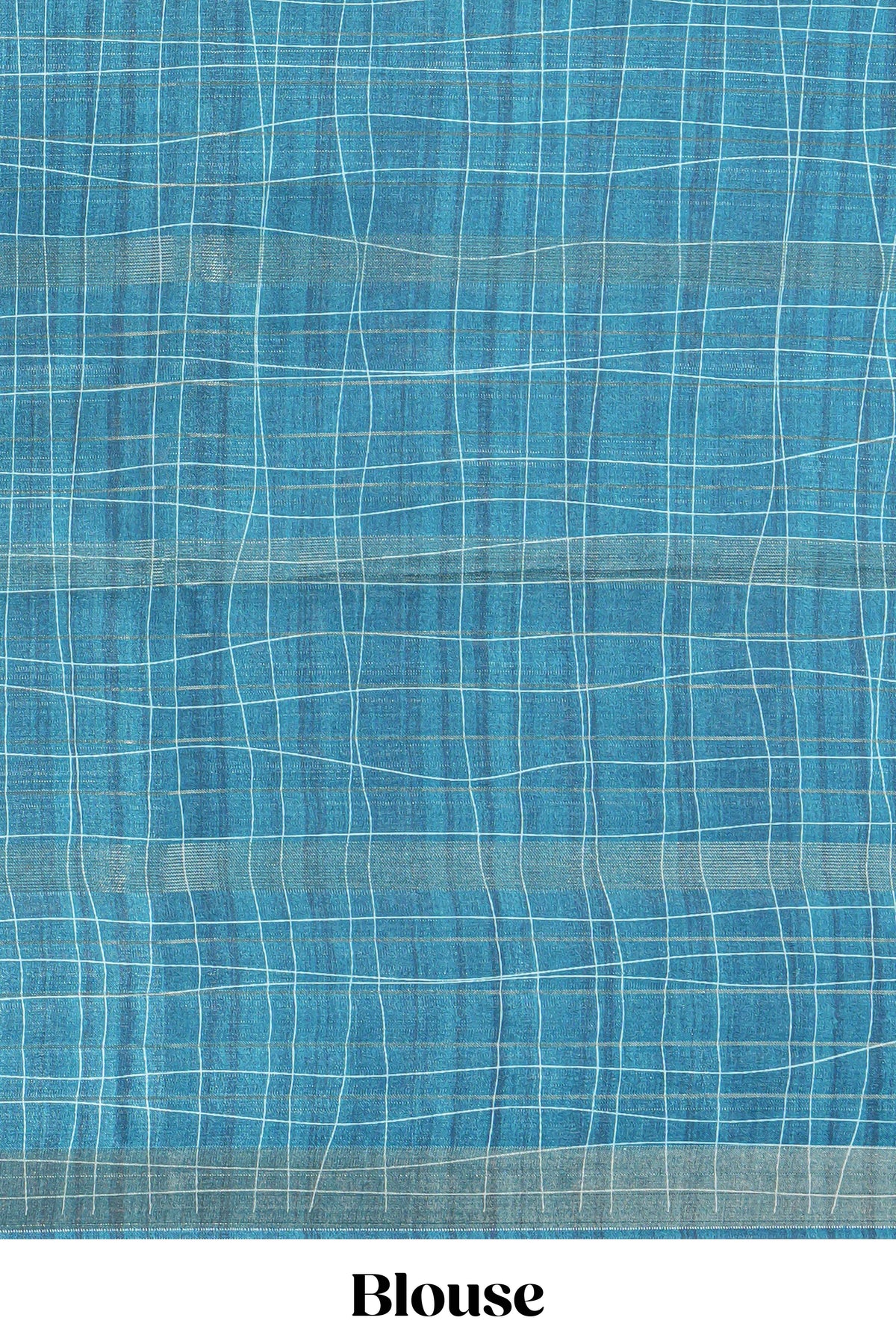Powder blue checked birds & floral design semi tussar saree with contrast border and checked blouse