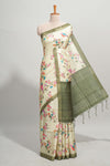 Green checked birds & floral design semi tussar saree with contrast border and checked blouse