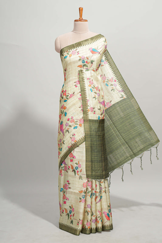Green checked birds & floral design semi tussar saree with contrast border and checked blouse