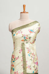 Green checked birds & floral design semi tussar saree with contrast border and checked blouse