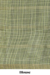 Green checked birds & floral design semi tussar saree with contrast border and checked blouse