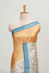 Orange striped floral design semi tussar saree with contrast border and striped blouse