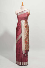 Maroon plain semi tussar saree with self border and contrast printed blouse