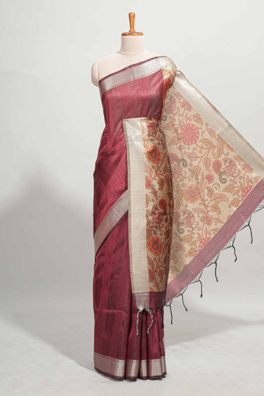 Maroon plain semi tussar saree with self border and contrast printed blouse