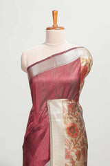 Maroon plain semi tussar saree with self border and contrast printed blouse