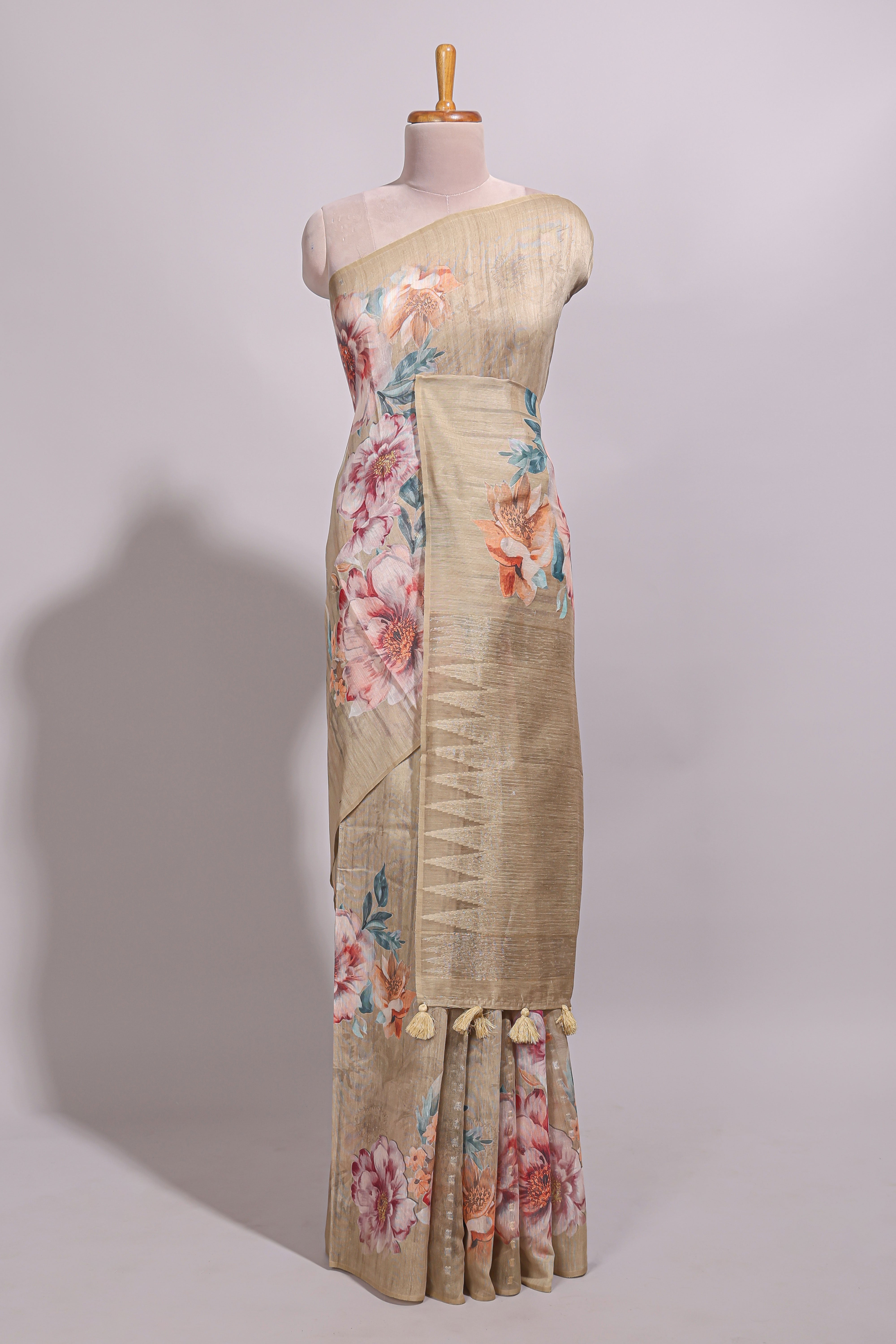 Borderless sandal floral design semi tussar saree with self pallu and blouse