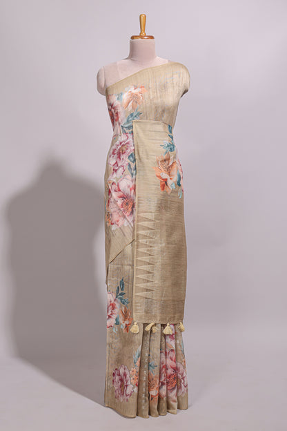 Borderless sandal floral design semi tussar saree with self pallu and blouse