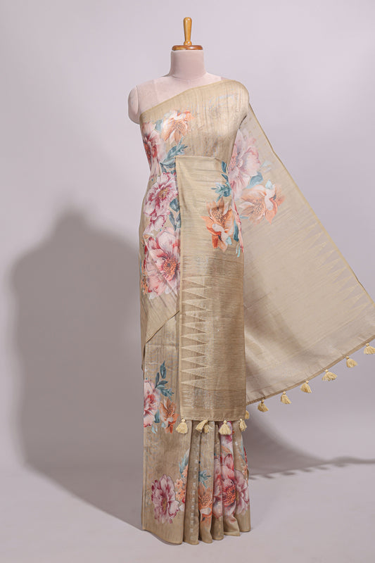 Borderless sandal floral design semi tussar saree with self pallu and blouse