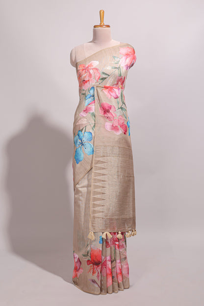 Borderless beige floral design semi tussar saree with self pallu and blouse
