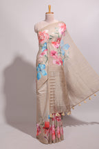 Borderless beige floral design semi tussar saree with self pallu and blouse