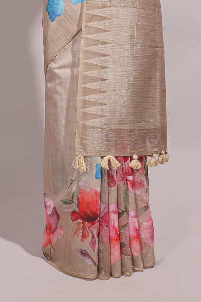 Borderless beige floral design semi tussar saree with self pallu and blouse