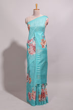 Borderless blue floral design semi tussar saree with self pallu and blouse