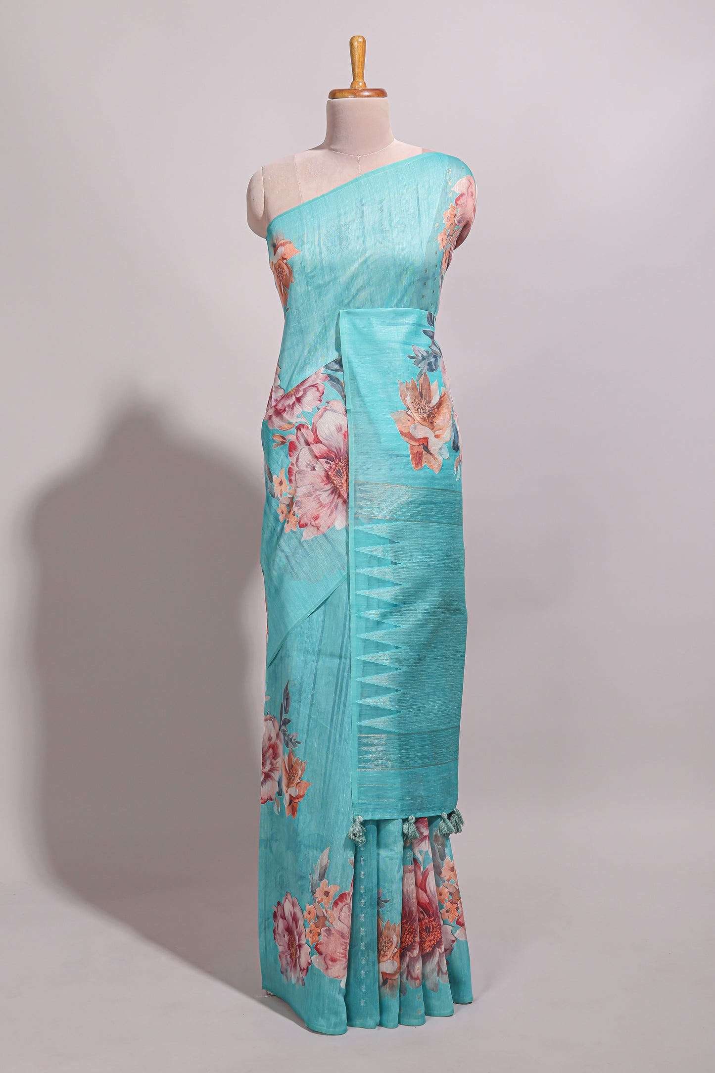 Borderless blue floral design semi tussar saree with self pallu and blouse