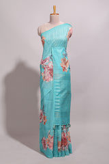 Borderless blue floral design semi tussar saree with self pallu and blouse