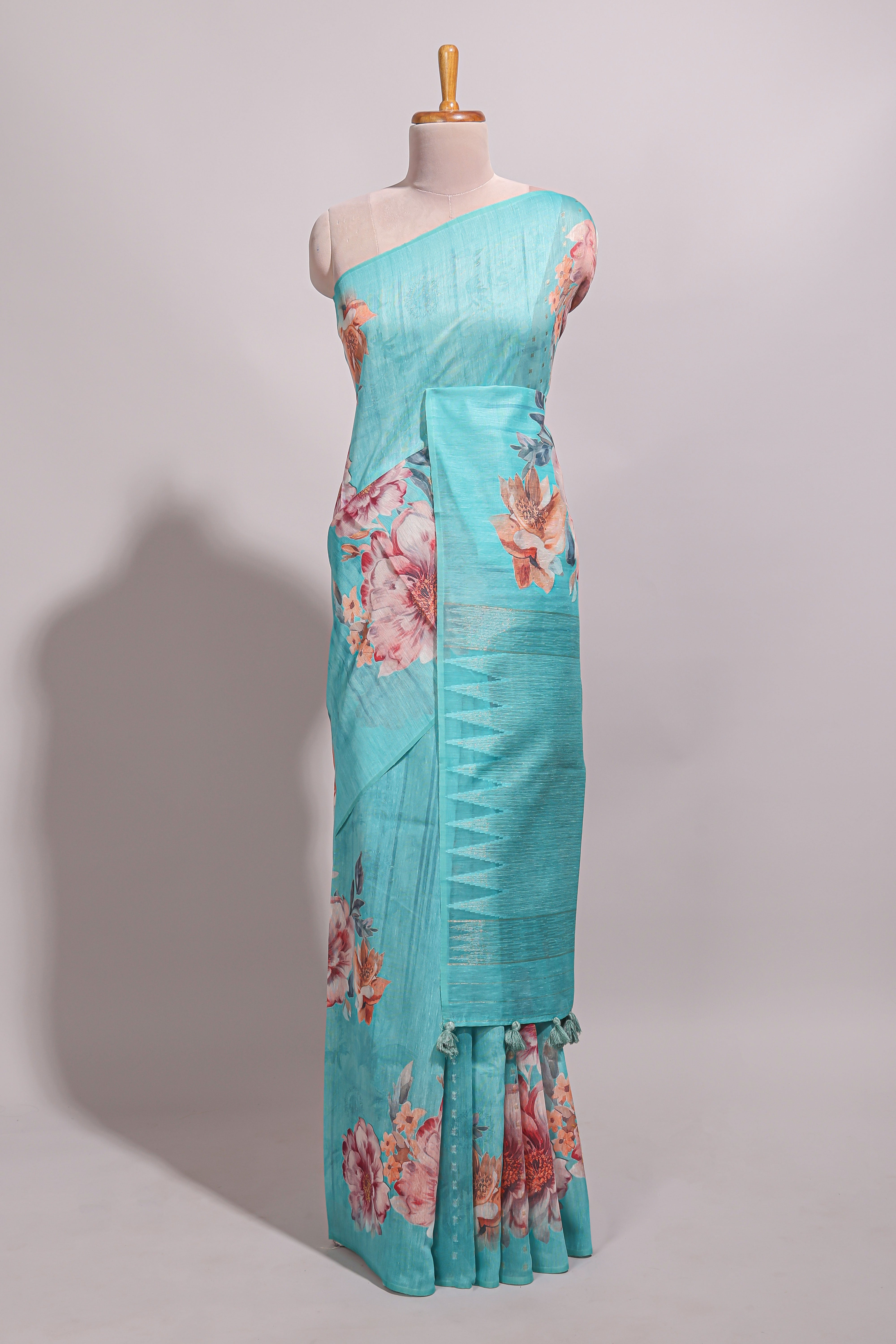 Borderless blue floral design semi tussar saree with self pallu and blouse