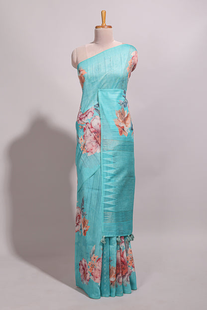 Borderless blue floral design semi tussar saree with self pallu and blouse
