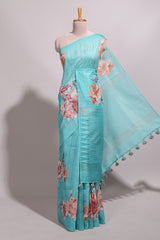 Borderless blue floral design semi tussar saree with self pallu and blouse
