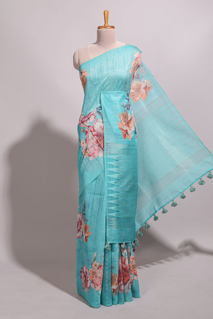 Borderless blue floral design semi tussar saree with self pallu and blouse