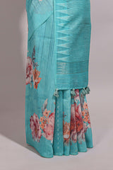 Borderless blue floral design semi tussar saree with self pallu and blouse