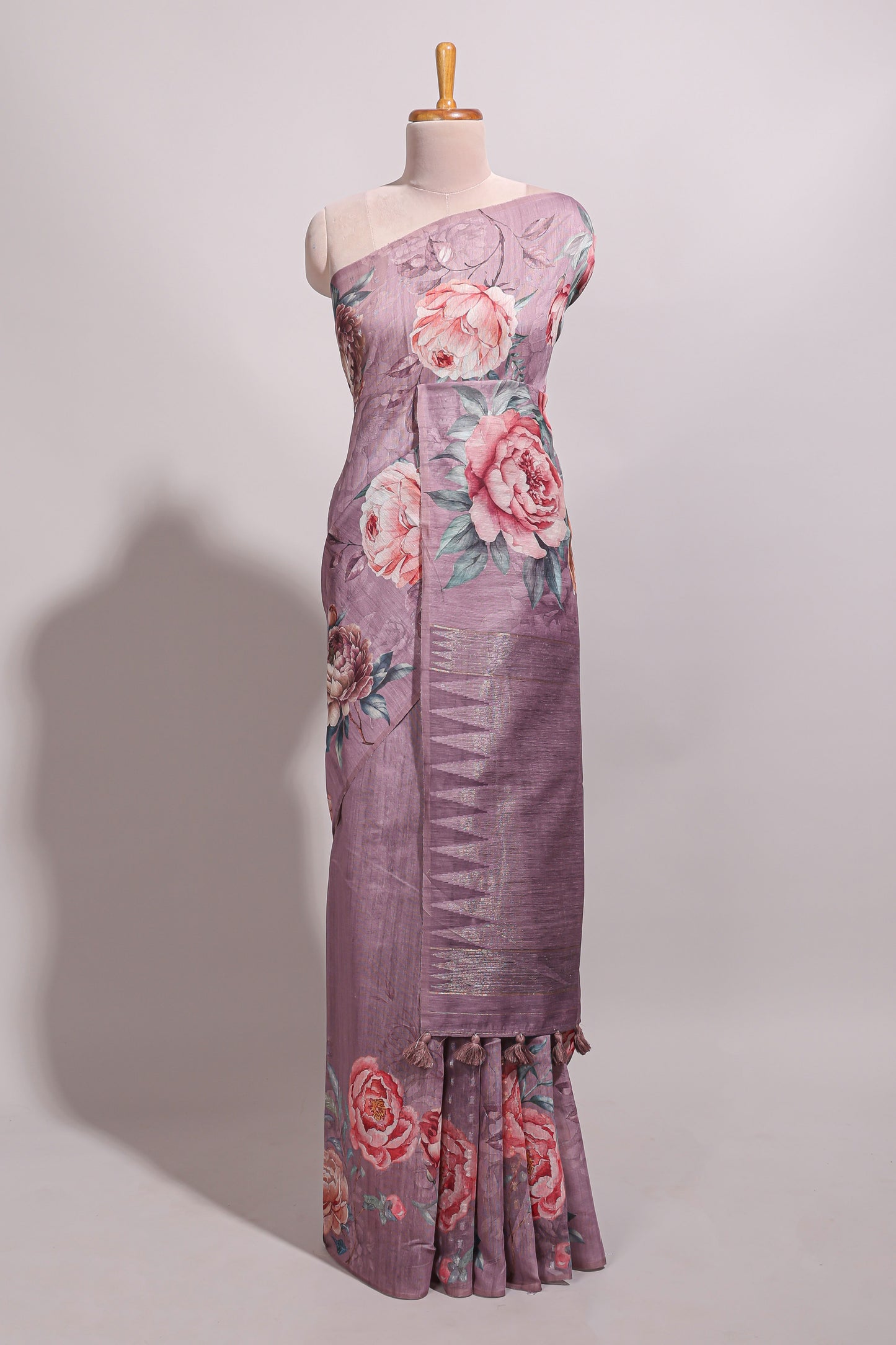 Borderless mauve floral design semi tussar saree with self pallu and blouse