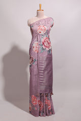 Borderless mauve floral design semi tussar saree with self pallu and blouse