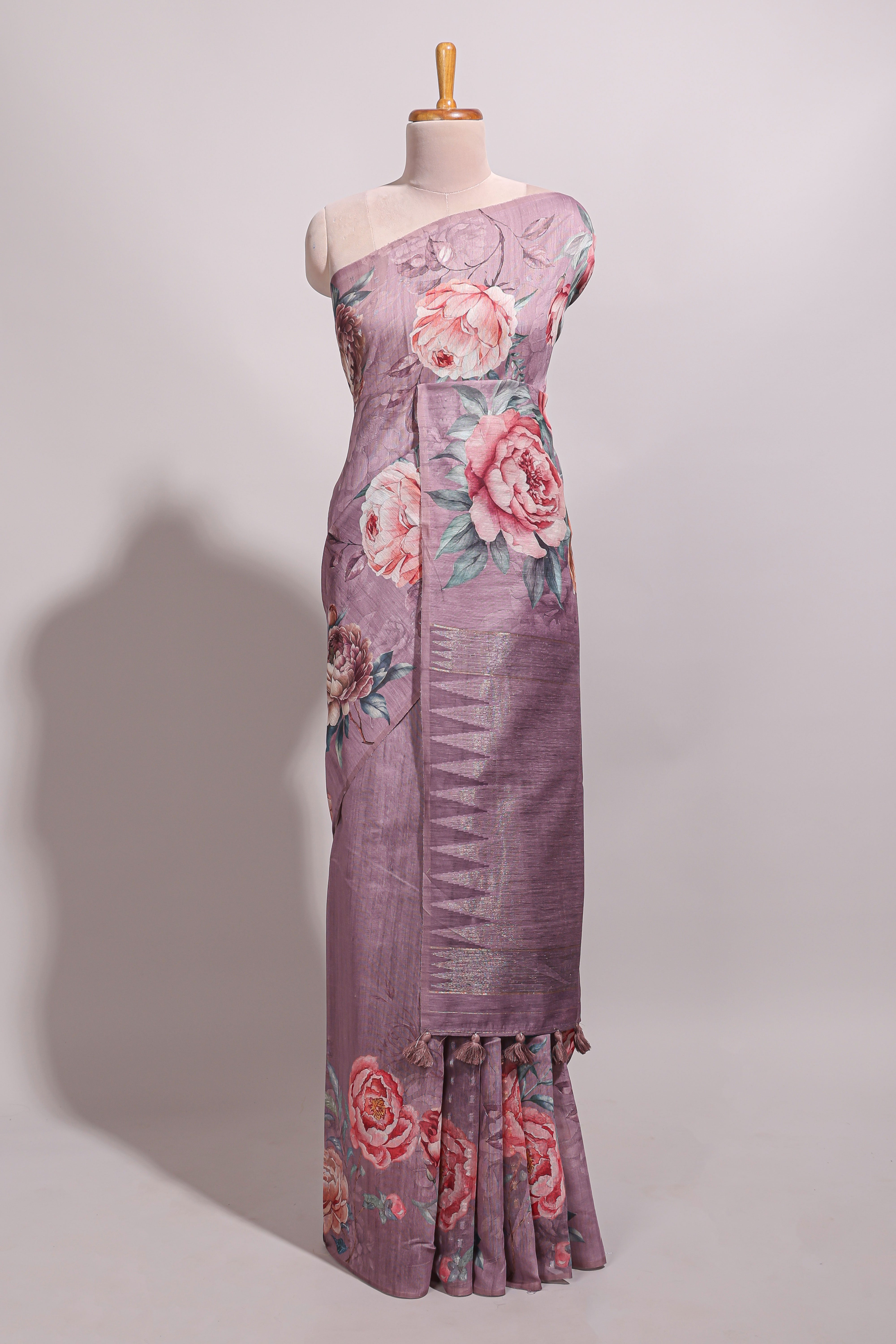 Borderless mauve floral design semi tussar saree with self pallu and blouse