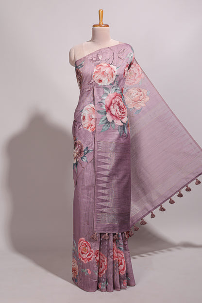 Borderless mauve floral design semi tussar saree with self pallu and blouse