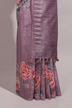 Borderless mauve floral design semi tussar saree with self pallu and blouse