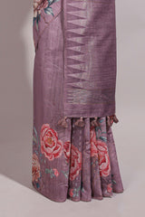 Borderless mauve floral design semi tussar saree with self pallu and blouse