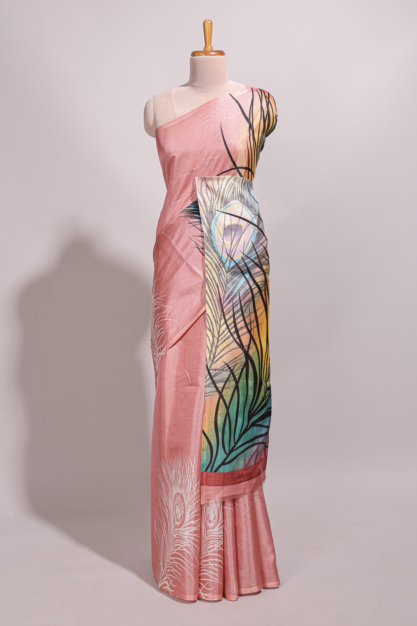 Borderless pink peacock feather design semi tussar saree with self pallu and matching blouse