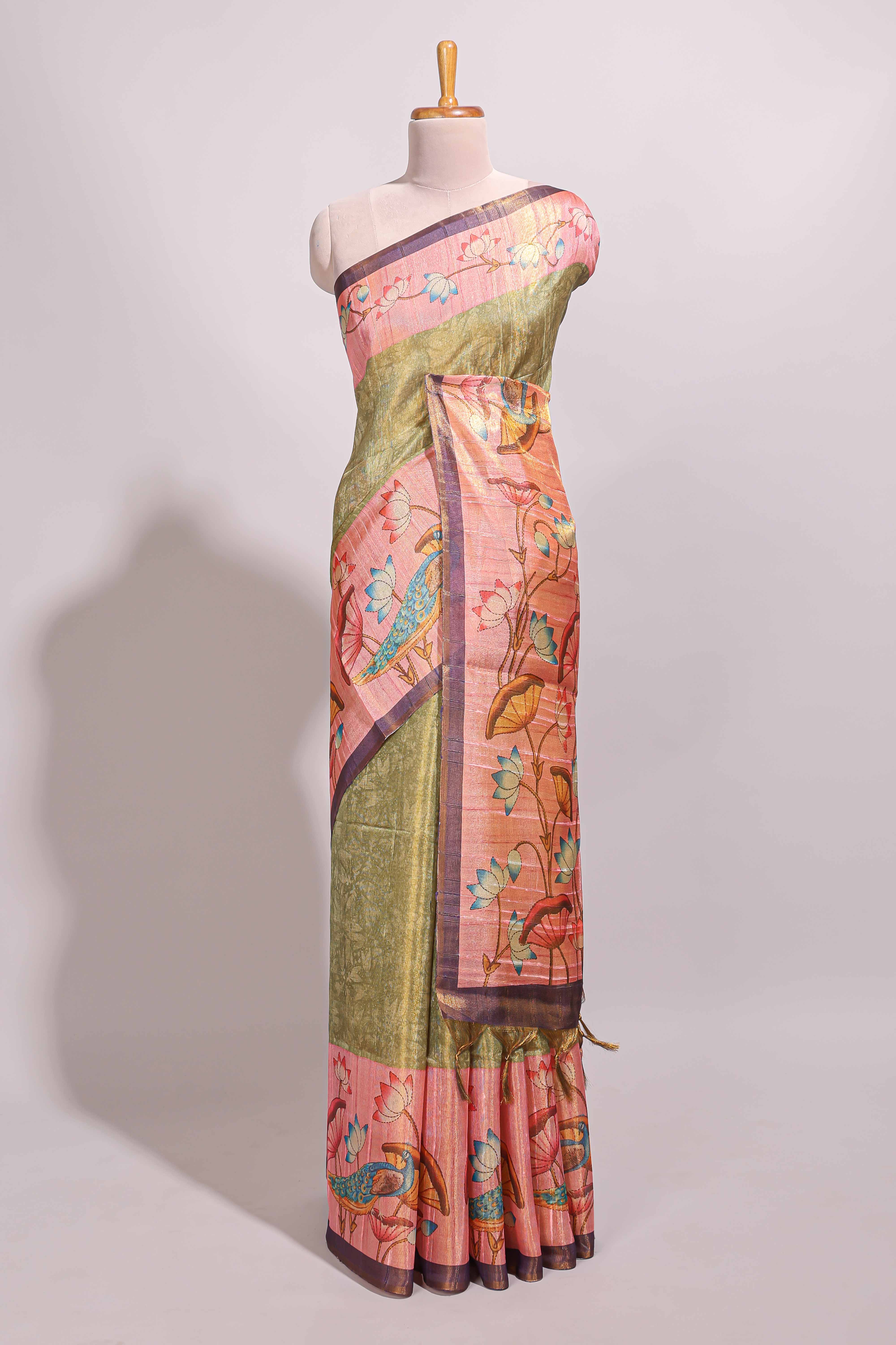 Green floral & peacock design semi tussar saree with contrast border and floral printed blouse