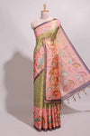 Green floral & peacock design semi tussar saree with contrast border and floral printed blouse