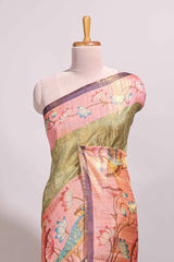 Green floral & peacock design semi tussar saree with contrast border and floral printed blouse