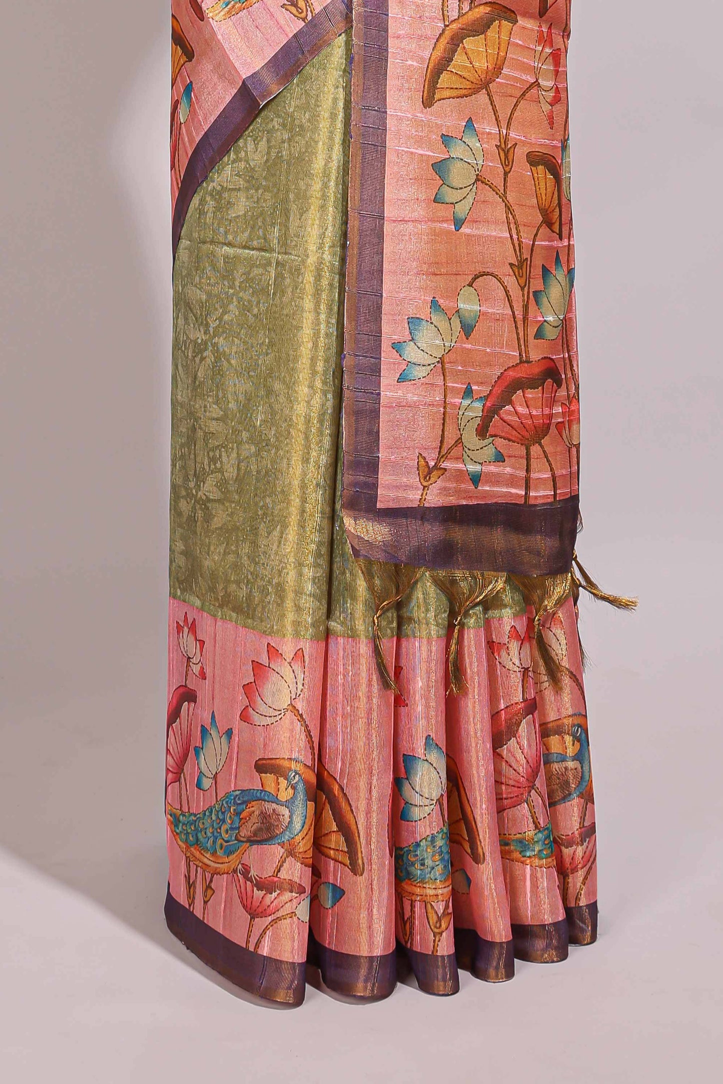 Green floral & peacock design semi tussar saree with contrast border and floral printed blouse